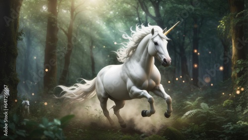 "Mystical Radiance: A White Unicorn's Enchantment in the Luminous Forest"