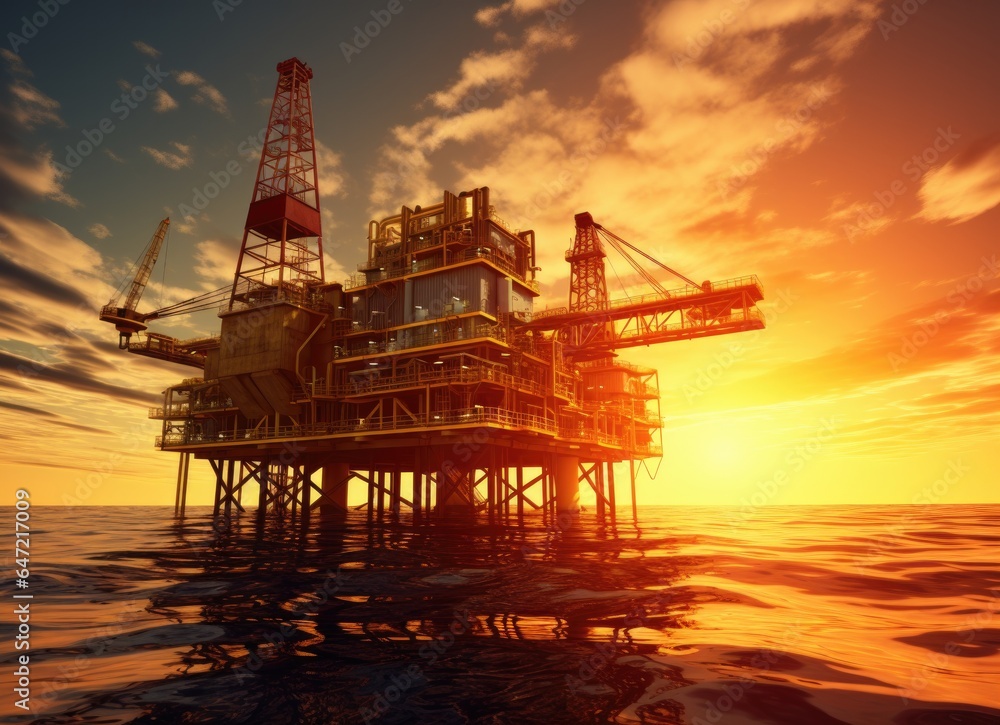 Simulated or realistic images of oil and gas drilling platforms in the middle of the ocean.