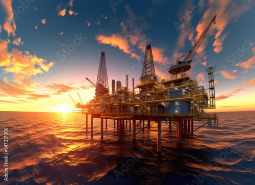 Simulated or realistic images of oil and gas drilling platforms in the middle of the ocean. © panu101