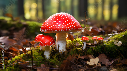 Fairytale fly agaric mushroom in a forest autumn clearing