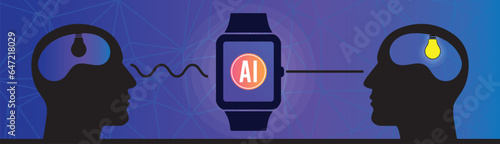 A vector background showing Artificial intelligence technology enlightens the human brain. AI technology amplifying the human brain and intelligence. stock vector. Smartwatch connecting people