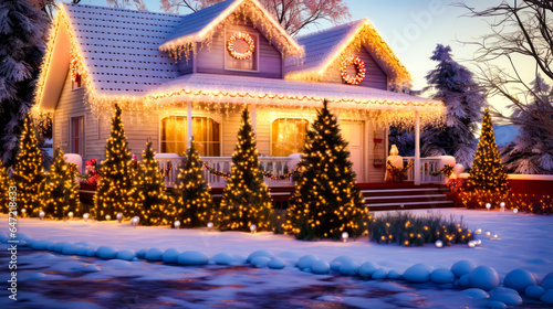 House covered in christmas lights and decorated with wreaths and wreaths. © OLHA