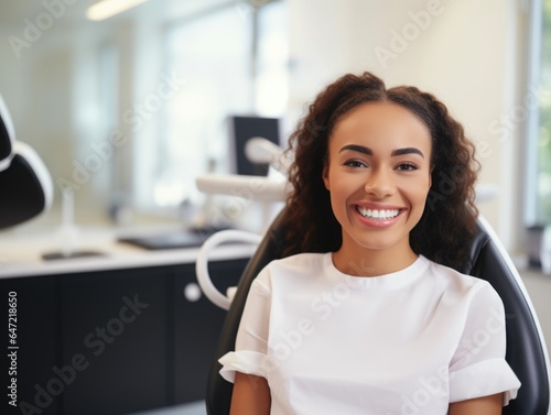 Woman patient with dental braces, black skin, sitting at the dentist chair, having braces on his teeth