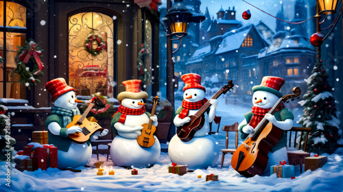 Group of snowmen playing instruments and singing in front of christmas scene.