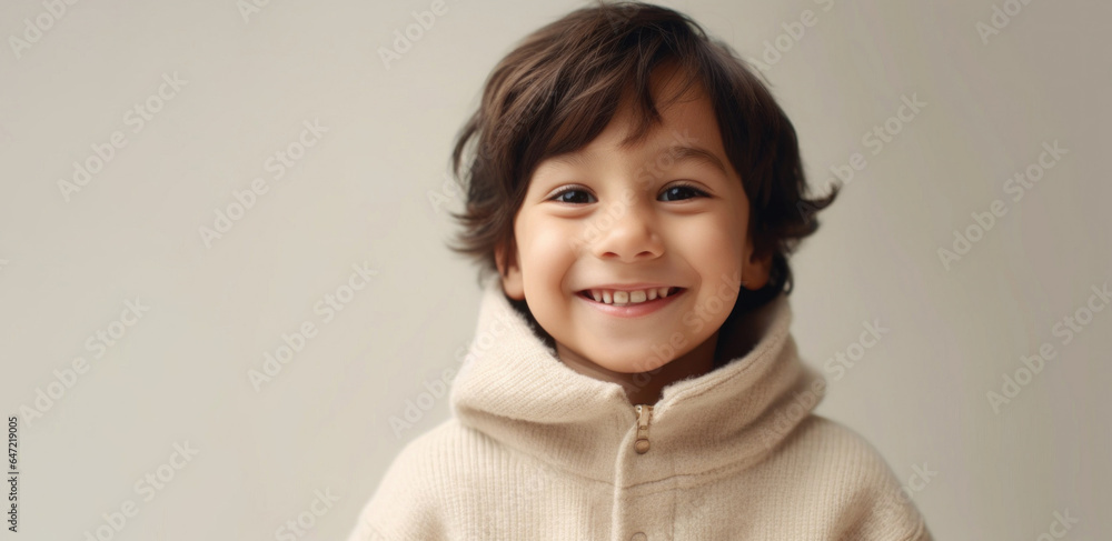 Happy lad in muted outfit posed against beige studio backdrop. Generative AI Happy lad in muted outfit posed against beige studio backdrop. Generative AI