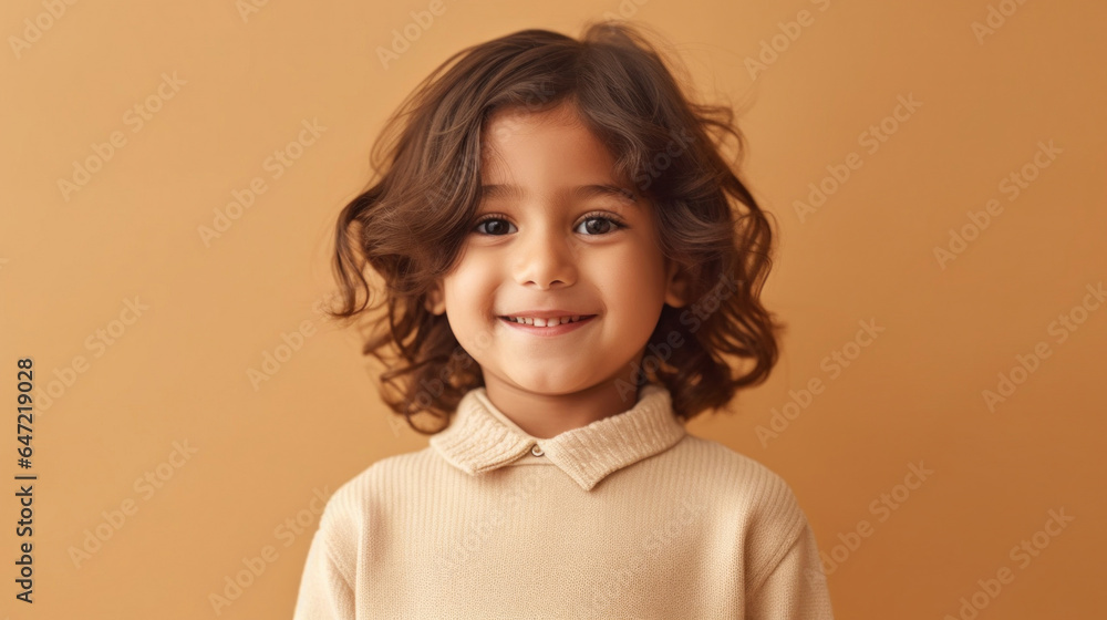 Beaming boy in neutral outfit posing against beige studio backdrop. Generative AI Beaming boy in neutral outfit posing against beige studio backdrop. Generative AI