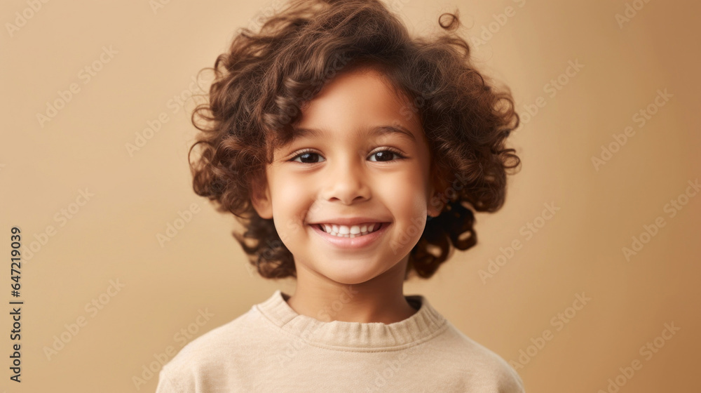 Little boy with a bright smile in neutral attire on beige studio background. Generative AI Little boy with a bright smile in neutral attire on beige studio background. Generative AI