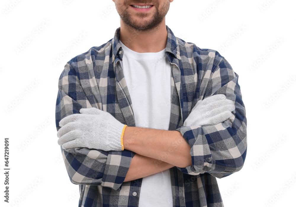 Happy man with crossed arms on white background, closeup Happy man with crossed arms on white background, closeup