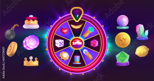 Casino roulette with golden coins and crown, heart, magic hat and diamond, gem, poker chips and dice element collection. Fortune game spin wheel and set of prize icons. Cartoon symbols for gamble.