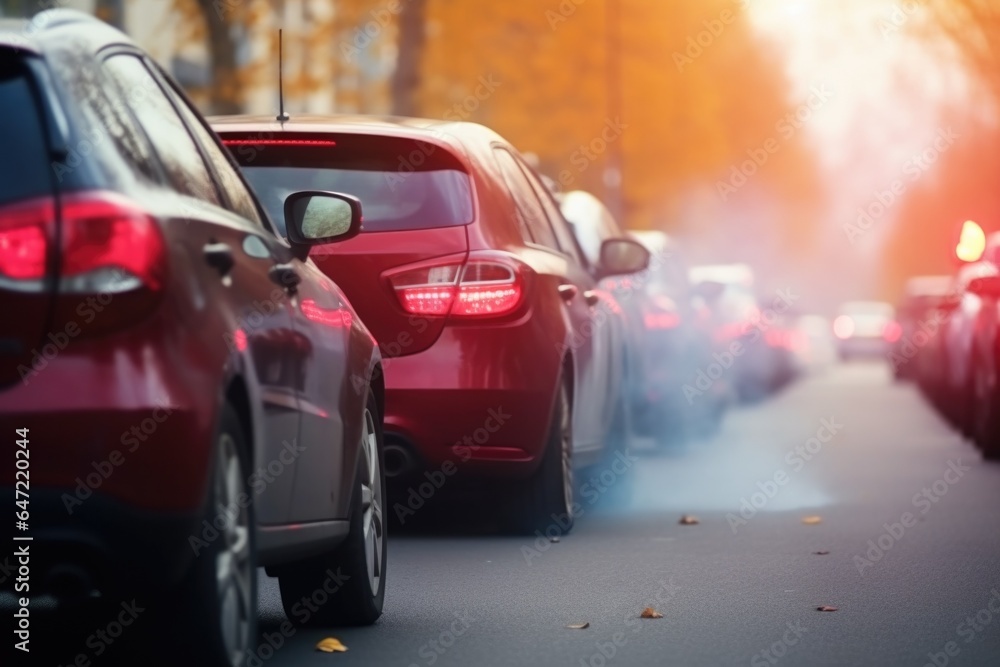 cars on the street waiting in line with exhaust smoke, in a traffic jam