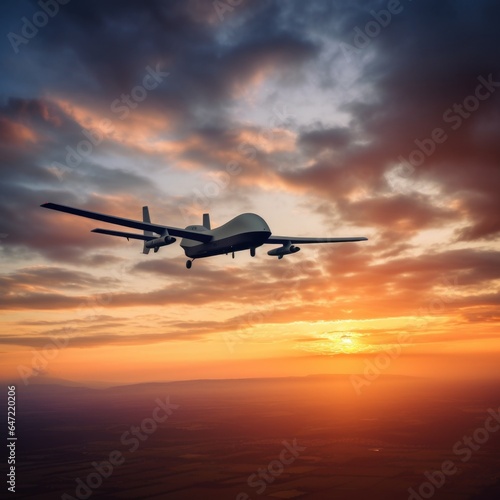 big long range unmanned aircraft, drone, flying at sunset