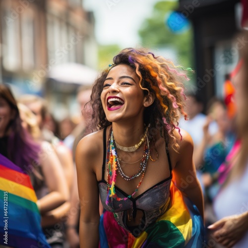 Participant in a LGTBIQ pride celebration, smiling, in a crowded place.