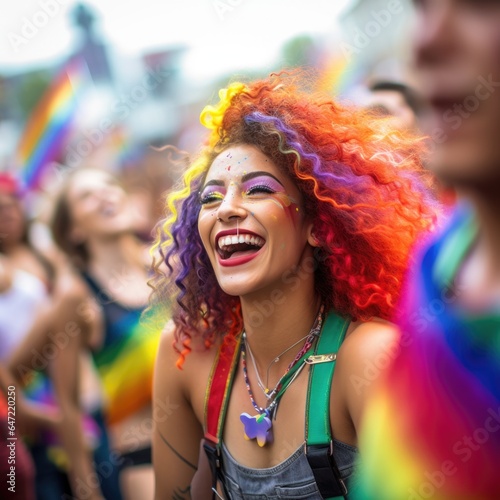 Participant in a LGTBIQ pride celebration, smiling, in a crowded place. Bright colours in hair.