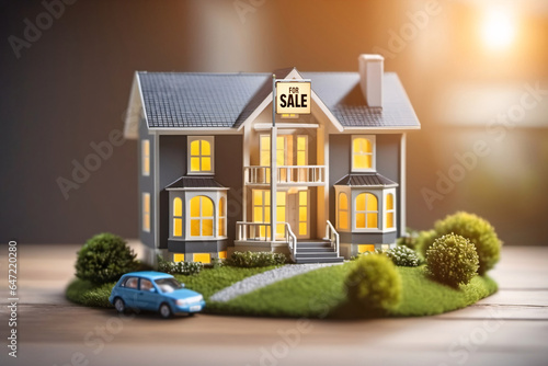 Illustration eines Miniatur-Modellhauses mit Verkaufsschild als Symbol für den Immobilienhandel. photo