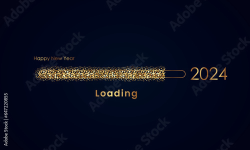 Vector illustration with fireworks and balloons on a dark background, text "Happy New Year 2024". Flat design. Holiday celebration, greeting card, poster, banner, flyer