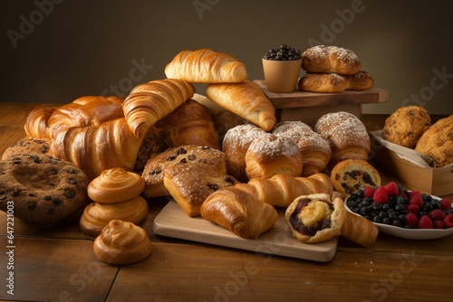 Assorted baked goods including breads, buns, croissant, and breakfast items. Generative AI