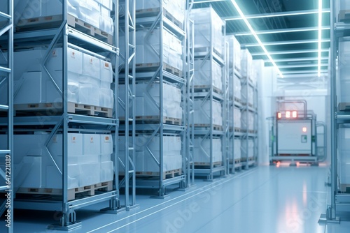 AI-driven cold storage facility with shelving, robotic storage, and freezing conditions. Rendered in 3D. Generative AI