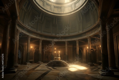 Old portrayal of Roman Pantheon inside during Victorian era. Generative AI