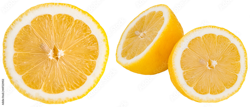 Collection set of yellow lemon fruit cut in half, two halves of  citric fruits isolated cut out on transparent png background