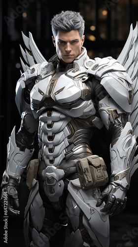 Caucasian young male, tactical suit, archangel, super hero, death angel, powerful wings, fighting full body. AI Generative