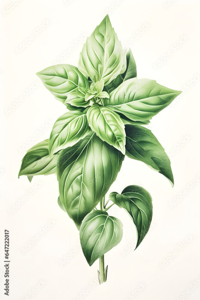Fototapeta premium Basil, plant, flower, Botanical guide illustration, lithograph print, floral print, leaves, isolated, herb, nature
