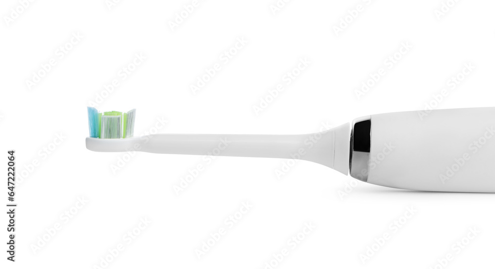 Electric toothbrush on white background, closeup view Electric toothbrush on white background, closeup view