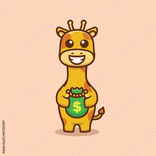 Cute Giraffe Holding Money Bag Character Cartoon Vector Illustration.