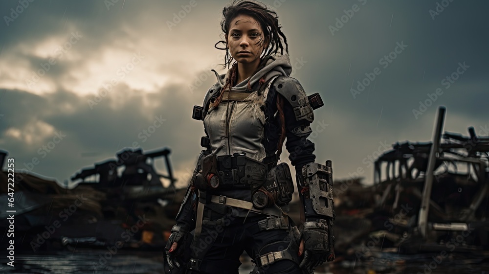 Model in a post-apocalyptic attire, portraying survival with robotic aids, set in a ruined cityscape