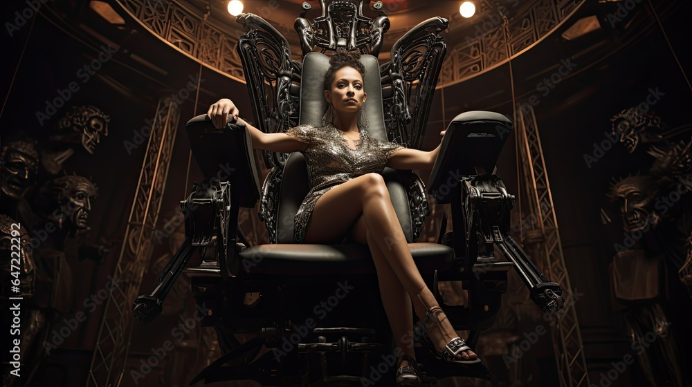 Model seated on a mechanical throne, symbolizing a ruler of a robotic empire, set in a digitalized room