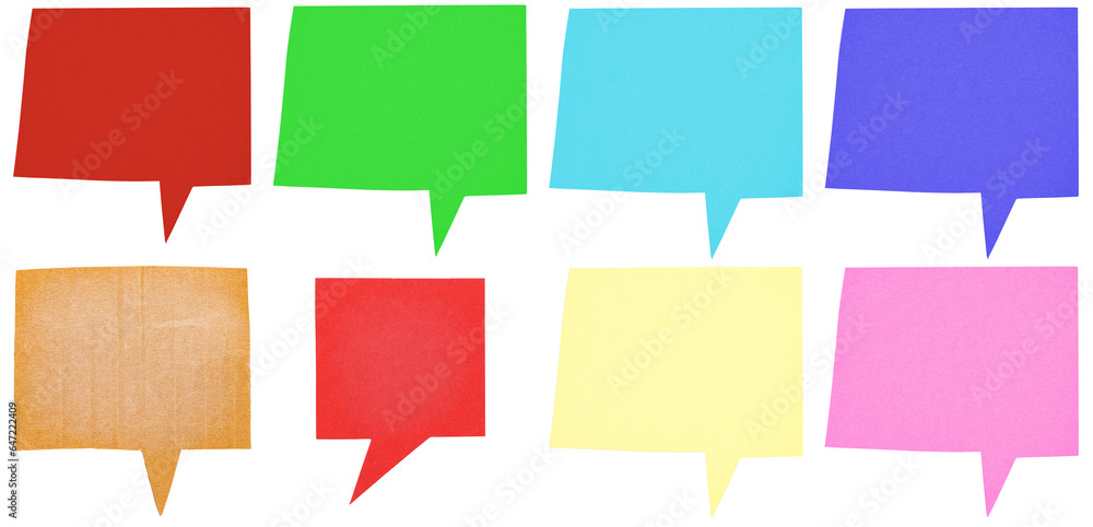 Set collection of blank colorful cut out paper cardboard speech bubbles of rectangular shape with copy space for text Set collection of blank colorful cut out paper cardboard speech bubbles of rectangular shape with copy space for text