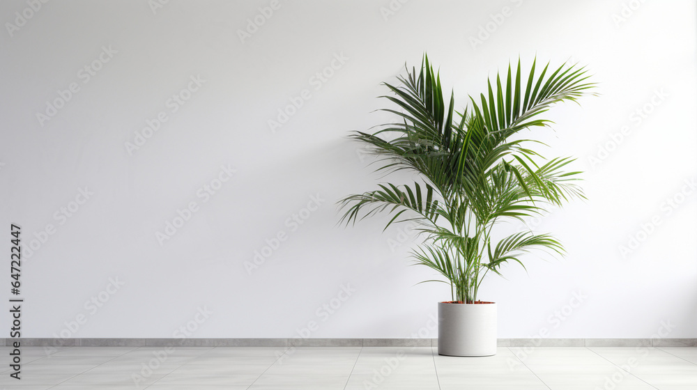 green palm plant in a white vase against a white wall