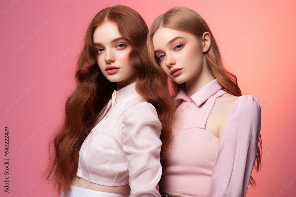 Portrait of two beautiful girls in the studio on a pink background Portrait of two beautiful girls in the studio on a pink background