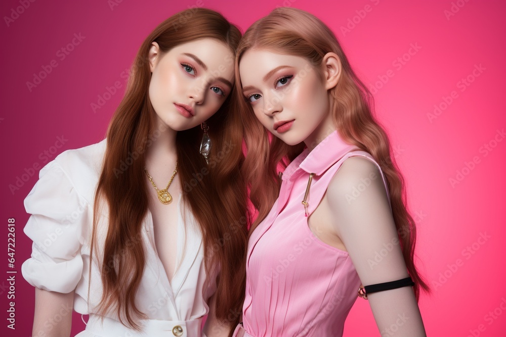 Portrait of two beautiful girls in the studio on a pink background Portrait of two beautiful girls in the studio on a pink background