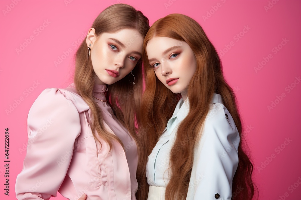 Portrait of two beautiful girls in the studio on a pink background Portrait of two beautiful girls in the studio on a pink background