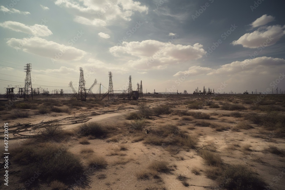 Empty wasteland dotted with extraction structures. Generative AI
