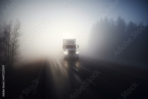 Truck navigating dense fog. Theme: transportation. Generative AI