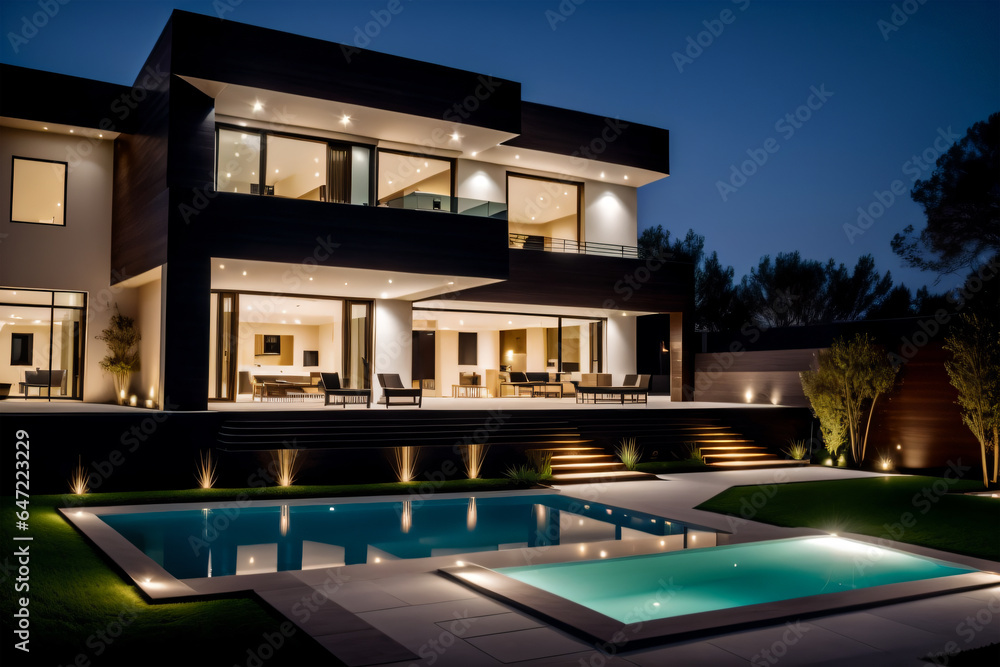 luxurious modern house with elegant garden lighting