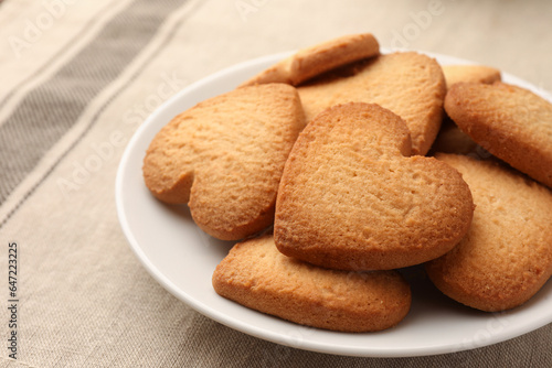 Heart shaped Danish butter cookies on table, closeup