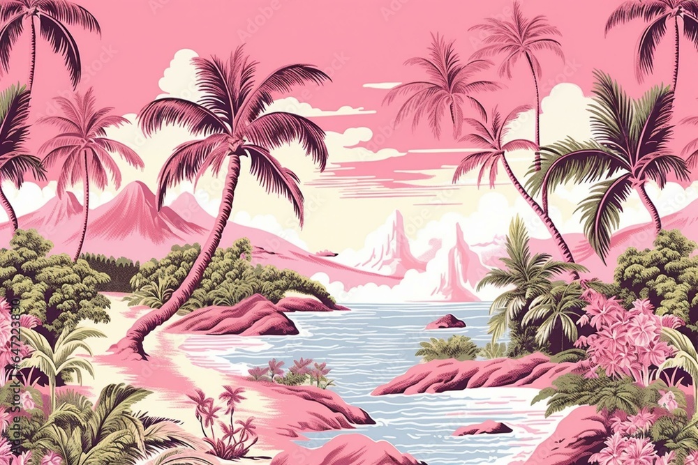 Classic Hawaiian fabric depicting tropical island scenes on a pink backdrop in a seamless repeating pattern. Generative AI - obrazy, fototapety, plakaty 