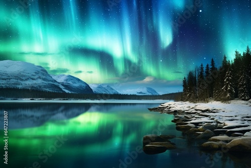 A magical wintry landscape with aurora lights reflecting in a blue and green icy lake, creating a beautiful Christmas and New Year card background. Generative AI