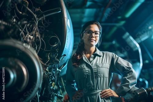 Proud aerospace engineer woman working on an aircraft, displaying expertise in technology and electronics.
