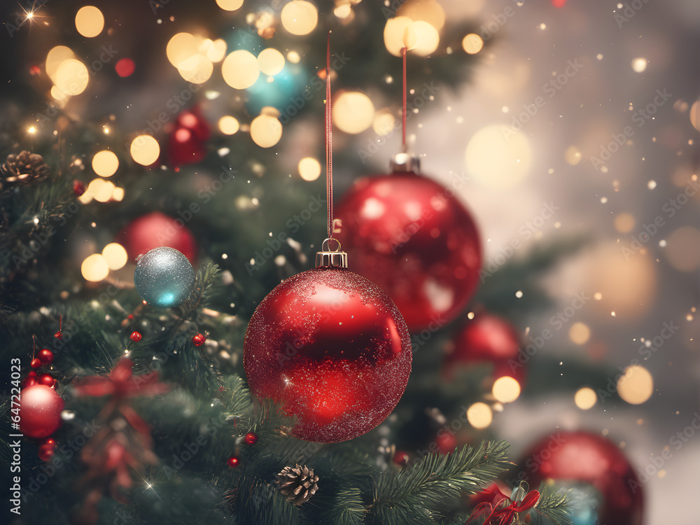 Fototapeta premium close-up of a festively decorated Christmas tree with bright red balls against a background of blurry sparkling light. Christmas decoration. Christmas mood. generative AI