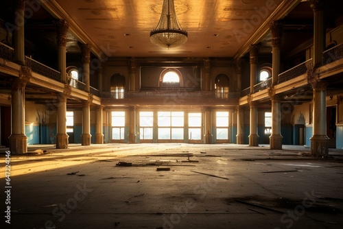 An empty abandoned grand ballroom. Generative AI