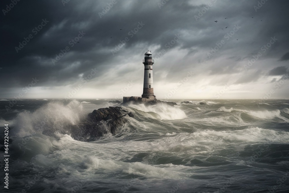Lighthouse amidst stormy landscape, representing climate change. Generative AI