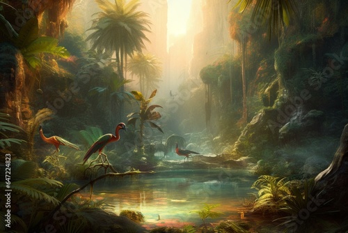 A vibrant jungle scene with lush palm trees, birds, and flowing rivers. Generative AI © Evadne
