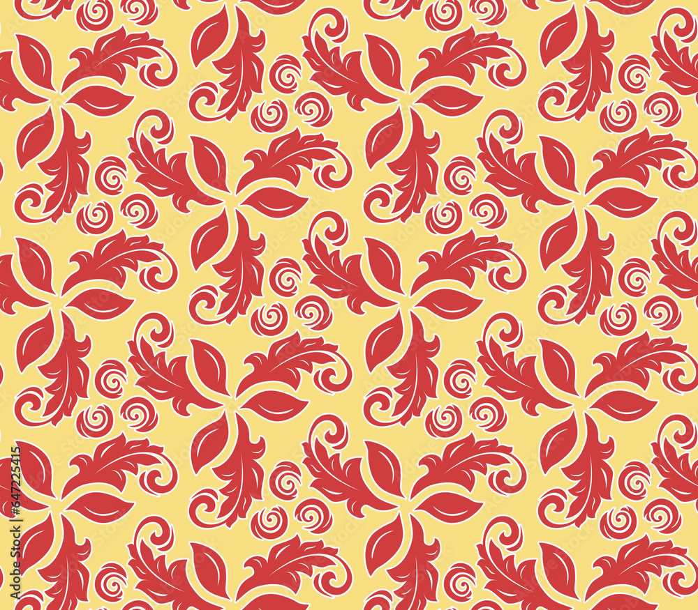 Floral ornament. Seamless abstract red and golden background with leaves. Pattern with red repeating floral elements. Ornament for fabric, wallpaper and packaging