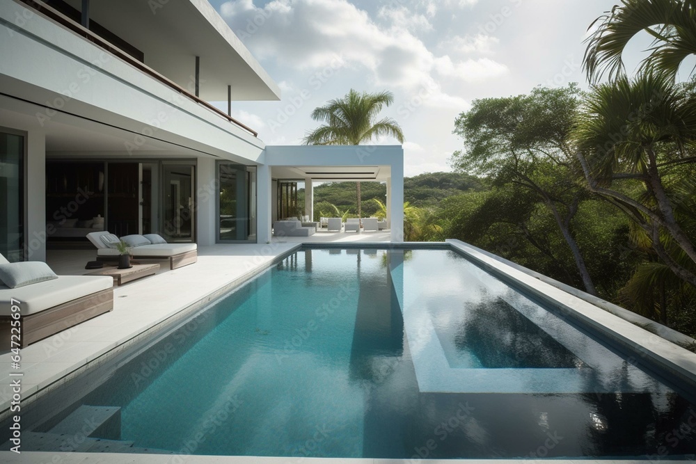 Scenic pool in a spacious, upscale villa showcasing contemporary design and architecture. Generative AI