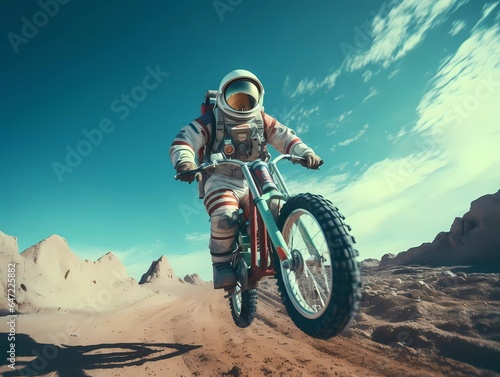 Funny picture of body positive astronaut riding fast on bike, he is happy. Generative Ai
