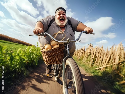 Funny picture of body positive, fat man riding fast on bike, he is happy and screaming. Generative Ai