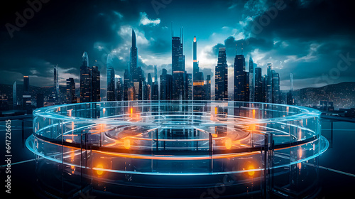 Fotografia Night cyber city of the future at night with neon lights and round decorative ci